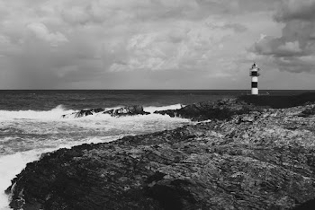 Grayscale Photo of Lighthouse on Seashore