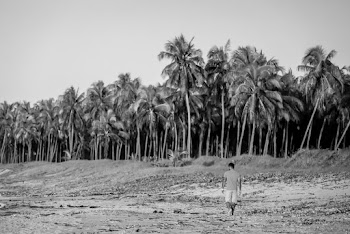 Grayscale Photo of Man Walking Alone on Beach