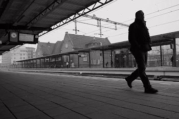 Grayscale Photo of Man Walking on Train Platform
