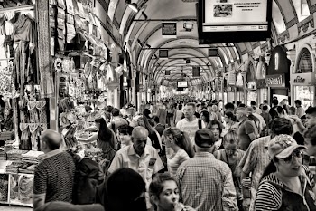 Grayscale Photo of People at Market