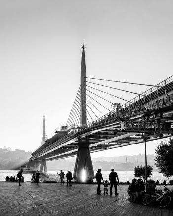 Grayscale Photo of People Walking on Bridge · Free Stock Photo