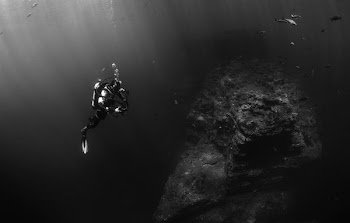 grayscale photo of person scuba diving