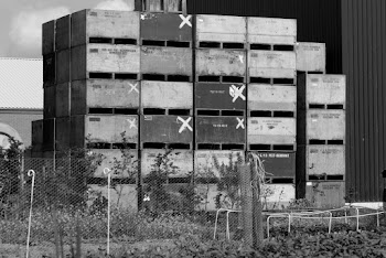Grayscale Photo of Piled Intermodal Containers