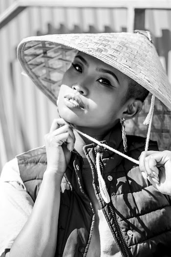 Grayscale Photo of Woman in Bamboo Hat Posing
