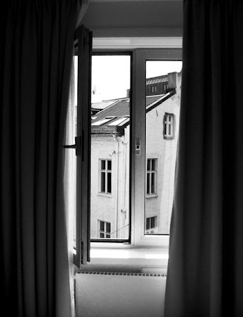 grayscale photo of wooden framed glass pane window opened