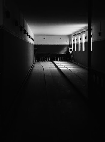 Grayscale Photography of Bowling Alley
