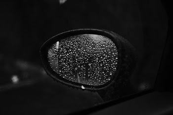 grayscale photography of car wing mirror