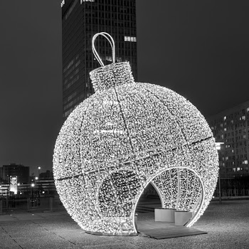 Grayscale Photography of Lighted Bauble Park