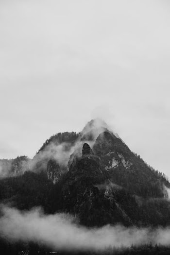 grayscale photography of mountain