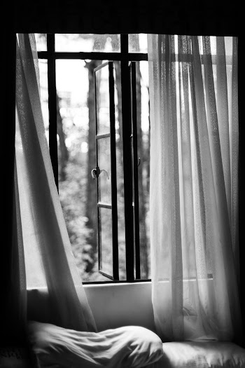 Grayscale Photography of Open Window