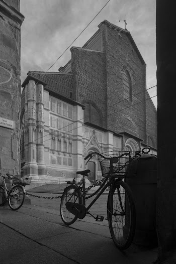 Grayscale Photography of Parked Bike Beside Cathedral