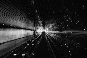 Grayscale Photography of People Walking on Walkalator