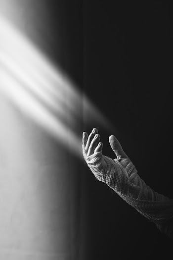 Grayscale Photography of Person's Hand Covered With Straps