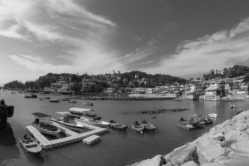 Grayscale Photography of Port Near Houses
