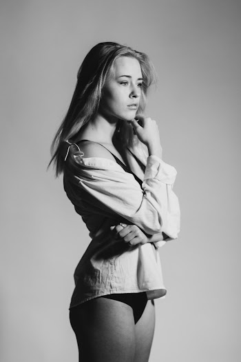 Grayscale Photography of Woman Wearing Dress Shirt and Black Underwear
