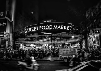 grayscale shot of Street Food Market