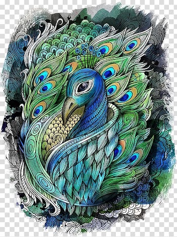 Green and blue peafowl illustration, Drawing Watercolor painting Peafowl Art, peacock transparent background PNG clipart
