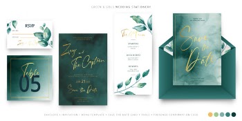 Green and gold wedding stationery template Free Vector