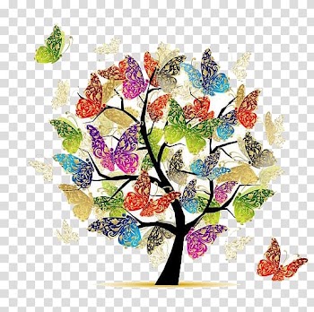 Green and multicolored butterfly tree illustration, Watercolor tree transparent background PNG clipart