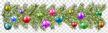 Green and multicolored Christmas decor, Christmas ornament , Christmas Pine Branches and Christmas Balls transparent background PNG clipart