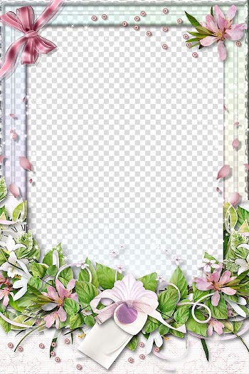 Green and pink floral frame on blue background, Flowers frame material transparent background PNG clipart