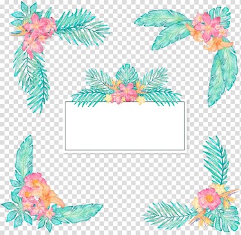 Green and pink petaled flowers , Romantic watercolor plant title box transparent background PNG clipart