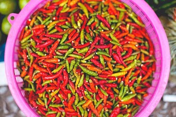 green and red chili lot on pink strainer