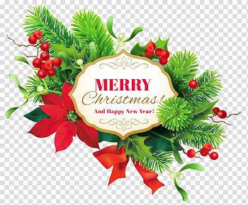 Green and red poinsettia wreath with merry Christmas text illustration, Christmas decoration New Year , Merry Christmas Decor transparent background PNG clipart