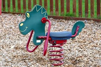Green and Red Spring Horse Ride-on Toy on Sawdust Close-up Photo
