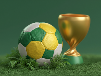 Green and Yellow Soccer Ball with Gold World Cup Trophy