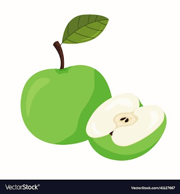 green apple with a leaf and half an apple