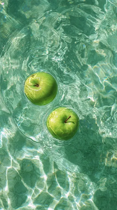 Green Apples Floating on Reflective Water Green Apples Floating on Reflective Water