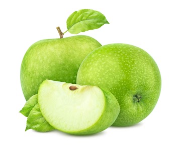 Green apples with leaves isolated on white background