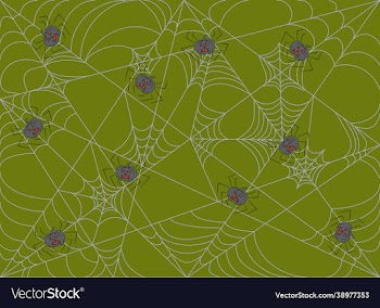 green background with spiders web and pumpkins