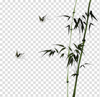 Green bamboo tree and two white birds illustration, Chinese painting Drawing Ink wash painting Chinese calligraphy, Bamboo leaf material transparent background PNG clipart