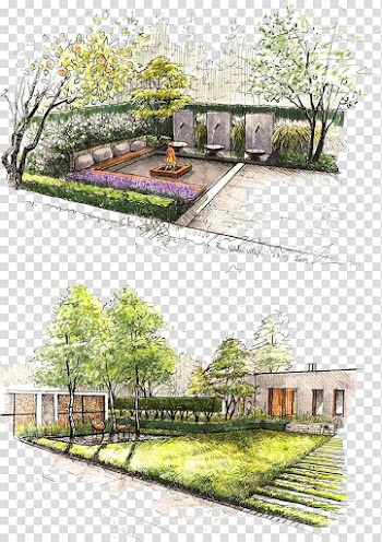 Green bench collage, Landscape design Landscaping Garden, Hand colored renderings Park transparent background PNG clipart