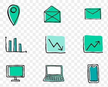 Green business icons png with doodle art design set