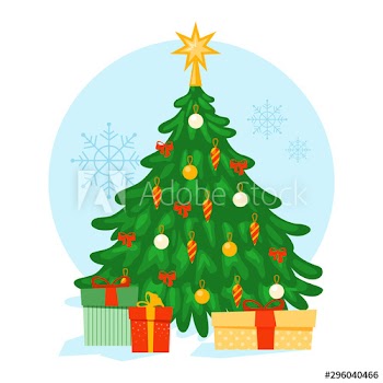 Green christmas tree and gift box under it