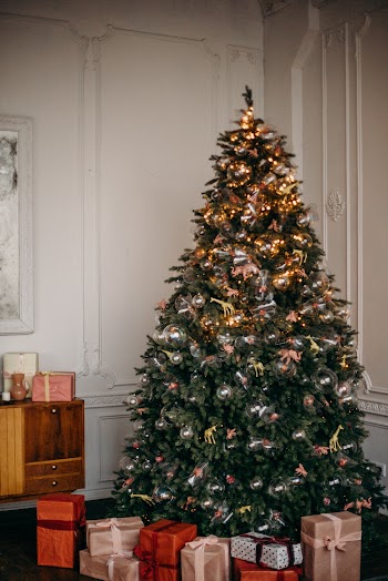 Green Christmas Tree With Lights and Decors