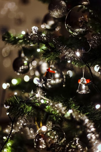 Green Christmas Tree With Silver Bells in Bokeh Photography