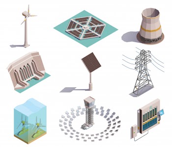 Green energy production isometric icons set with wind tidal power generators solar station hydroelectric plant Free Vector