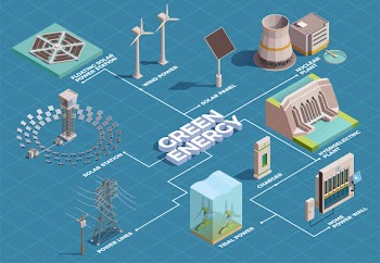 Green energy production transportation consumption isometric flowchart with solar panels hydroelectric plant home power wall Free Vector