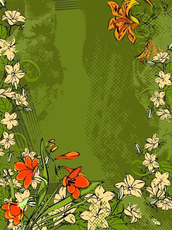 Green Floral grunge background with handdrawn flowers