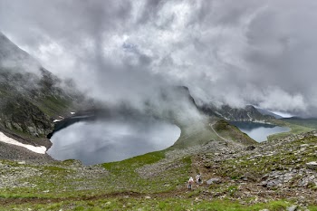 Green Grass Covered Ground Near Body of Water Under Gray Cloudy Sky