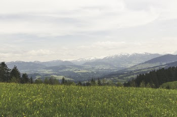 Green Grass Field Under Grey Clear Sky Overlooking Mountains