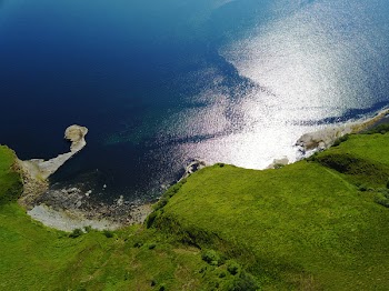 Green Grass Land With Blue Body of Water Below