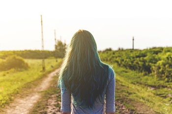 Green Haired Woman Wearing Blue Half-sleeved Shirt