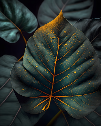 Green leaf design with gold lines on a black background