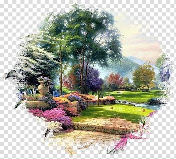 Green leaf trees surrounded by bush painting, Oil painting Canvas Artist, landscape paintings transparent background PNG clipart
