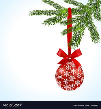 Green tree branch with red ball and ribbon on a vector image